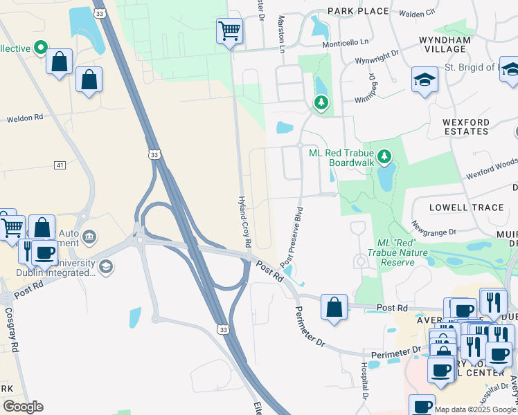 map of restaurants, bars, coffee shops, grocery stores, and more near 6800 Hyland-Croy Road in Plain City