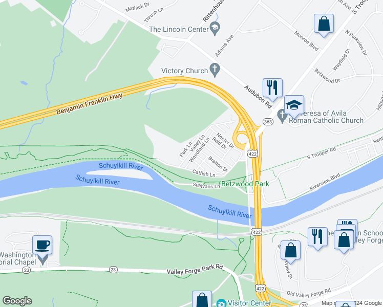 map of restaurants, bars, coffee shops, grocery stores, and more near 110 Valley Lane in Norristown