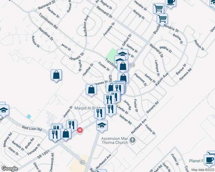 map of restaurants, bars, coffee shops, grocery stores, and more near 613 Avon Road in Philadelphia