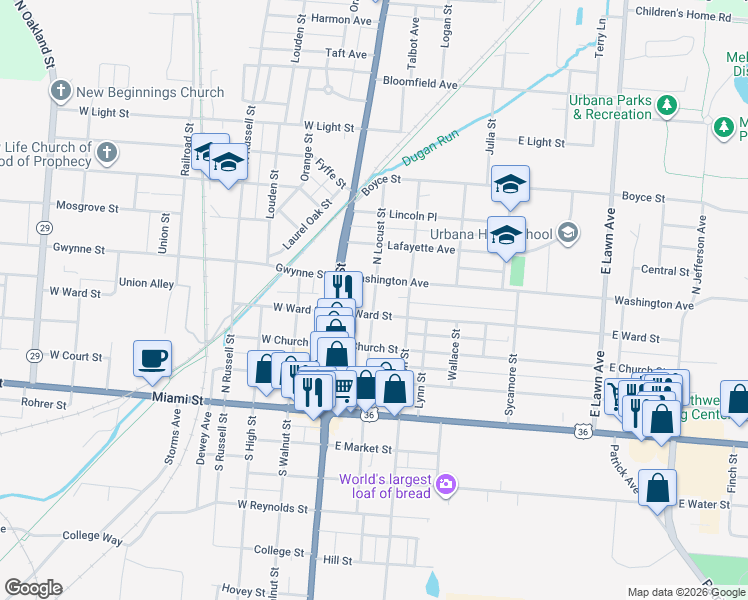 map of restaurants, bars, coffee shops, grocery stores, and more near North Locust Street in Urbana