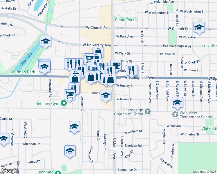 map of restaurants, bars, coffee shops, grocery stores, and more near 1900 Round Barn Rd in Champaign