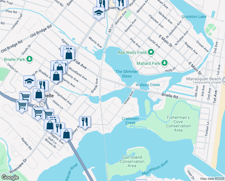 map of restaurants, bars, coffee shops, grocery stores, and more near 314 Woodland Avenue in Brielle