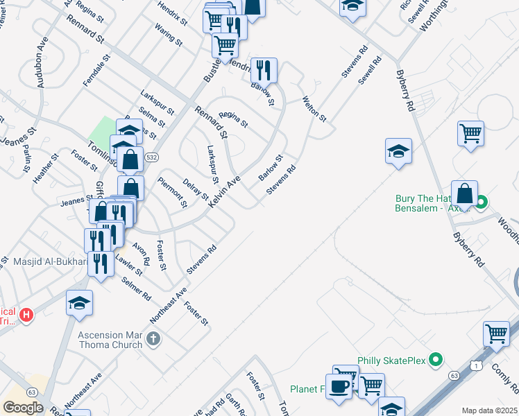 map of restaurants, bars, coffee shops, grocery stores, and more near 1024 Larkspur Street in Philadelphia