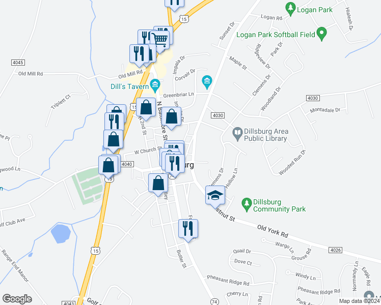 map of restaurants, bars, coffee shops, grocery stores, and more near 11 South Chestnut Street in Dillsburg