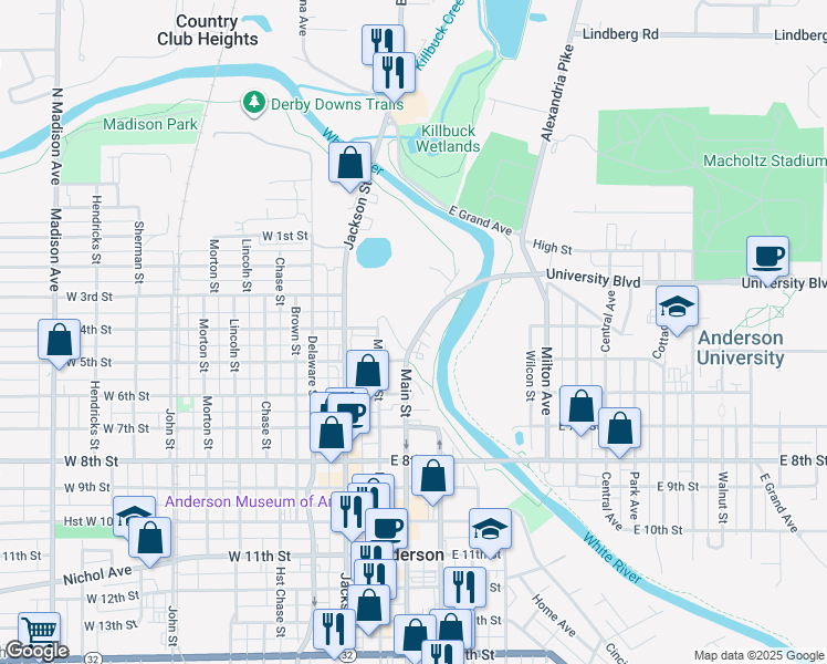 map of restaurants, bars, coffee shops, grocery stores, and more near 426 Main Street in Anderson