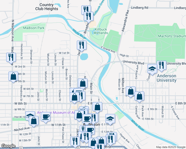 map of restaurants, bars, coffee shops, grocery stores, and more near 426 Main Street in Anderson