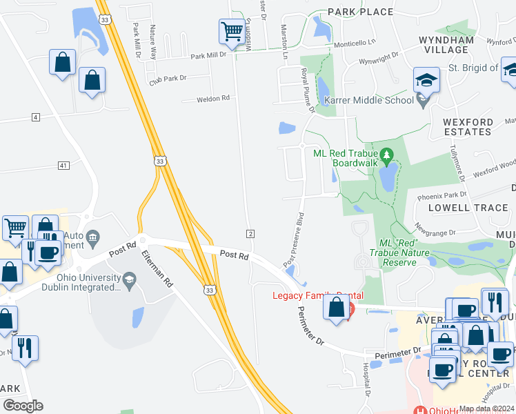 map of restaurants, bars, coffee shops, grocery stores, and more near 6800 Hyland-Croy Road in Plain City