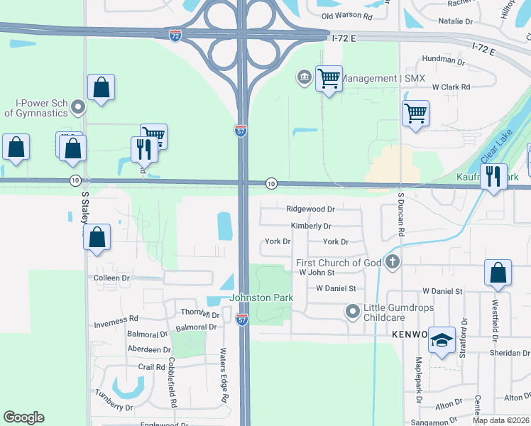 map of restaurants, bars, coffee shops, grocery stores, and more near 3321 Ridgewood Drive in Champaign