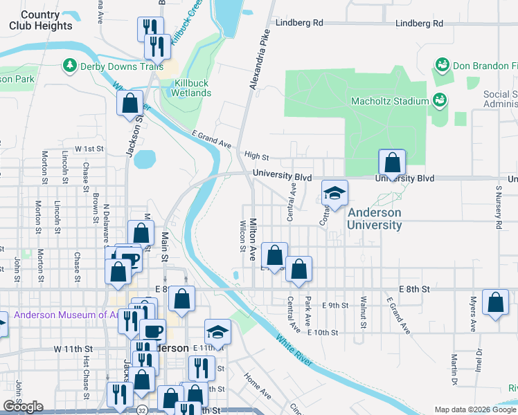 map of restaurants, bars, coffee shops, grocery stores, and more near 420 Milton Avenue in Anderson
