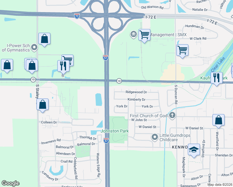 map of restaurants, bars, coffee shops, grocery stores, and more near 3321 Ridgewood Drive in Champaign