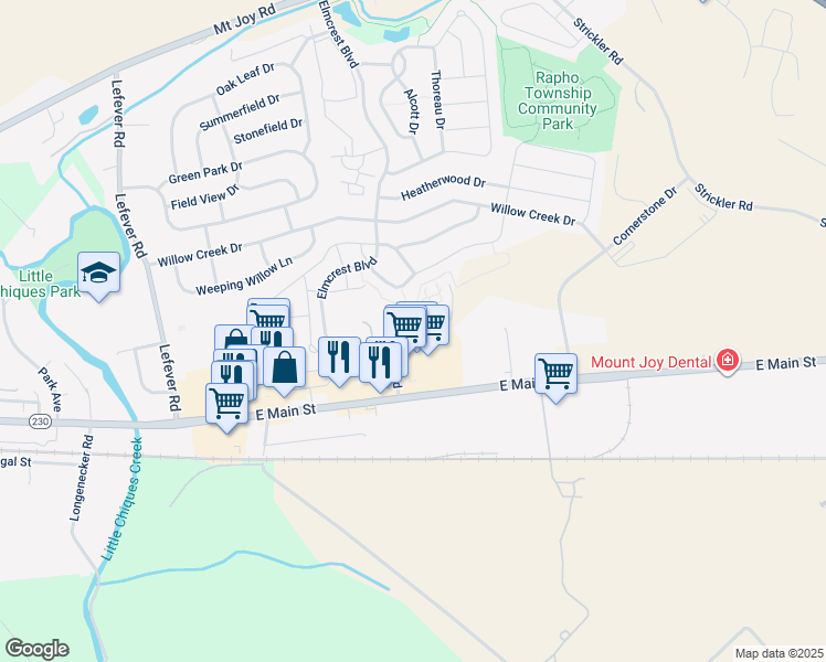 map of restaurants, bars, coffee shops, grocery stores, and more near in Mount Joy