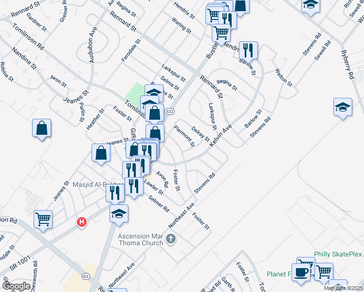 map of restaurants, bars, coffee shops, grocery stores, and more near 813 Tomlinson Road in Philadelphia