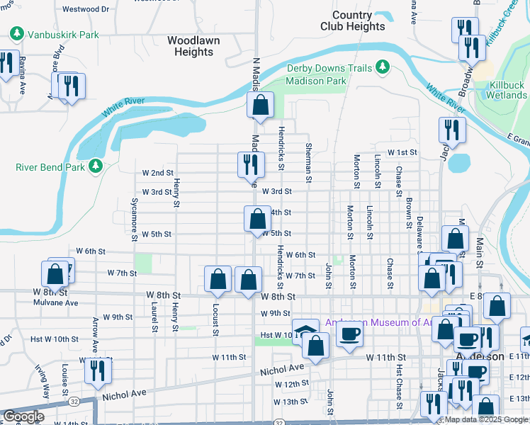 map of restaurants, bars, coffee shops, grocery stores, and more near 922 West 4th Street in Anderson