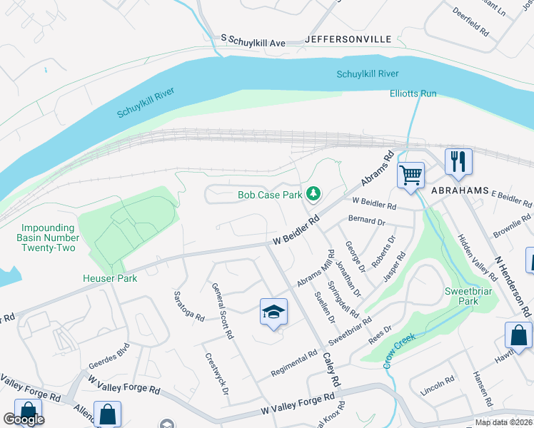 map of restaurants, bars, coffee shops, grocery stores, and more near 510 Susan Drive in King of Prussia