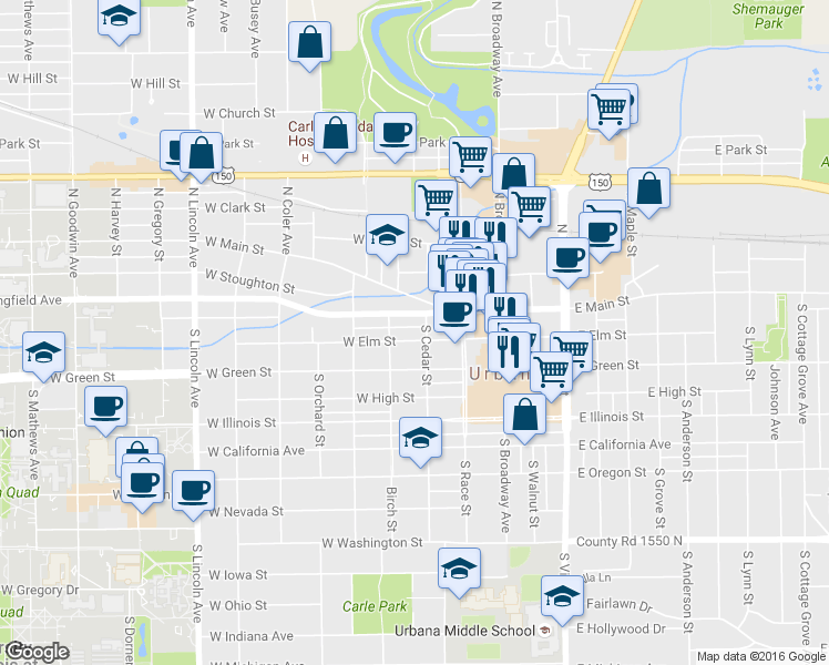 map of restaurants, bars, coffee shops, grocery stores, and more near 203 South Cedar Street in Urbana