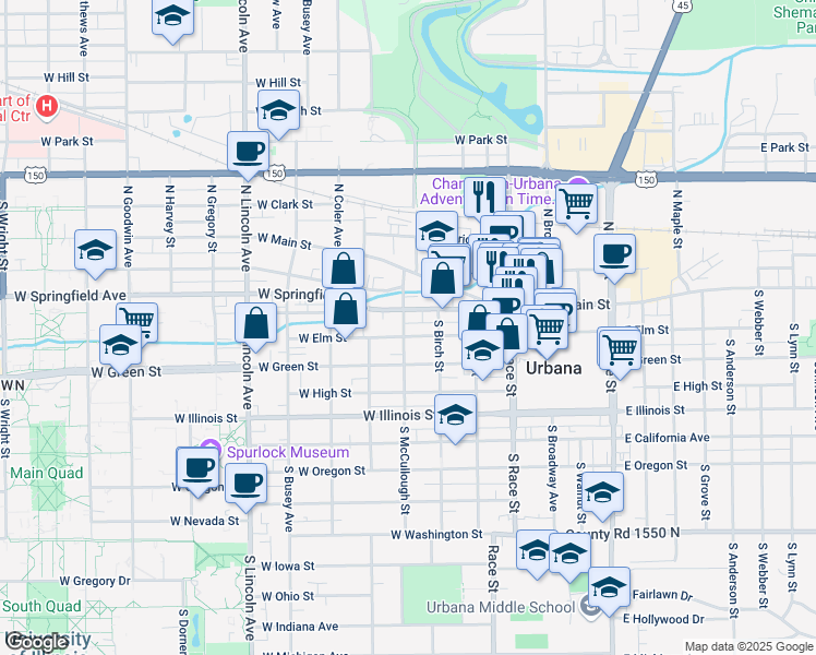 map of restaurants, bars, coffee shops, grocery stores, and more near 507 West Elm Street in Urbana