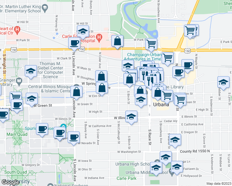map of restaurants, bars, coffee shops, grocery stores, and more near 507 West Elm Street in Urbana