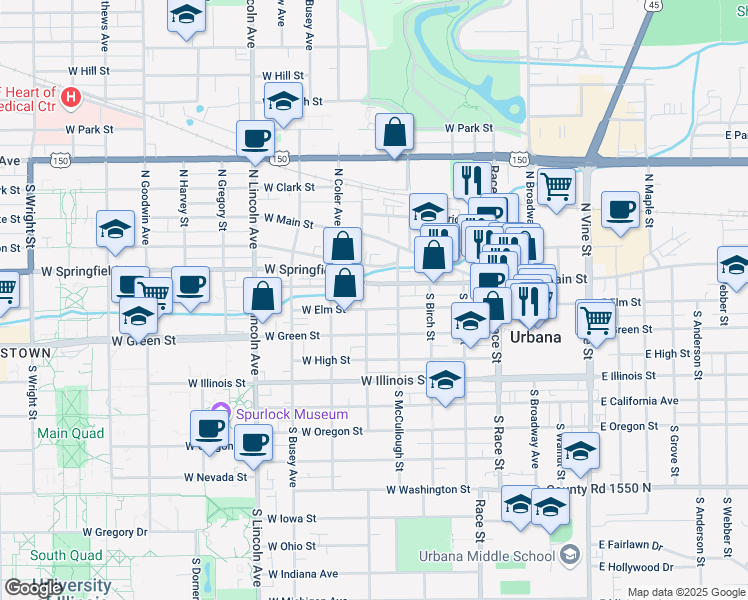 map of restaurants, bars, coffee shops, grocery stores, and more near 507 West Elm Street in Urbana