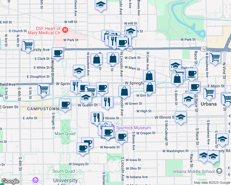 map of restaurants, bars, coffee shops, grocery stores, and more near 107 South Lincoln Avenue in Urbana