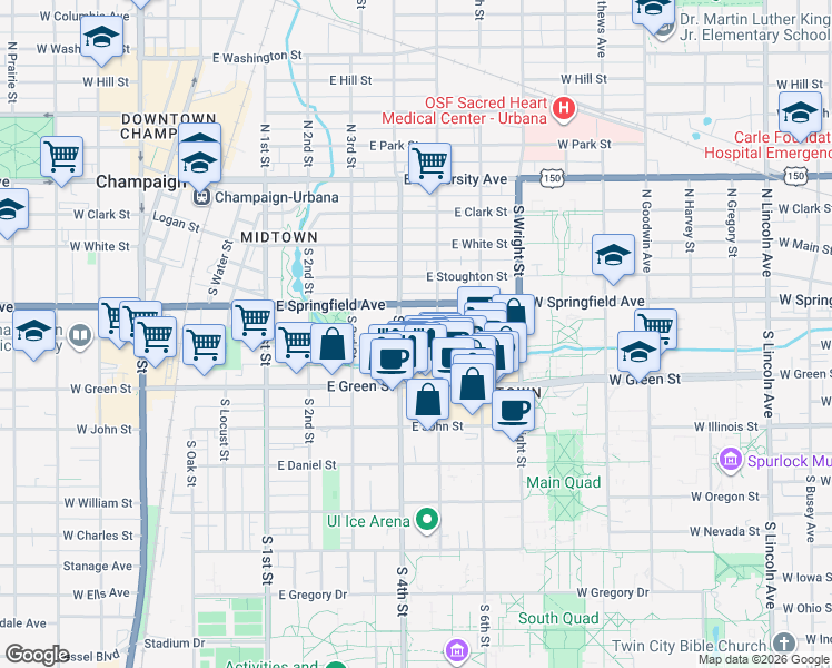 map of restaurants, bars, coffee shops, grocery stores, and more near 403 East Healey Street in Champaign