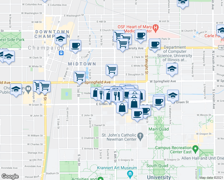map of restaurants, bars, coffee shops, grocery stores, and more near 308 East Healey Street in Champaign