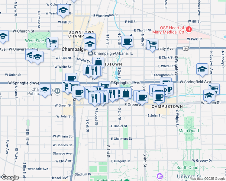 map of restaurants, bars, coffee shops, grocery stores, and more near 507 South 2nd Street in Champaign