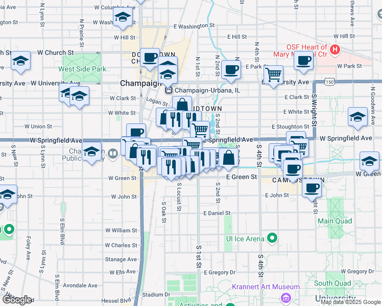 map of restaurants, bars, coffee shops, grocery stores, and more near 507 South 1st Street in Champaign