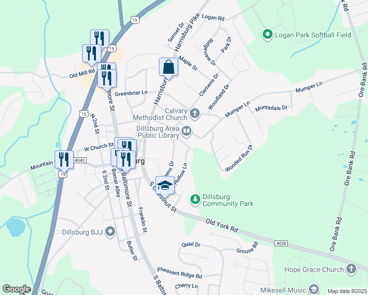 map of restaurants, bars, coffee shops, grocery stores, and more near 129 Hollow Lane in Dillsburg