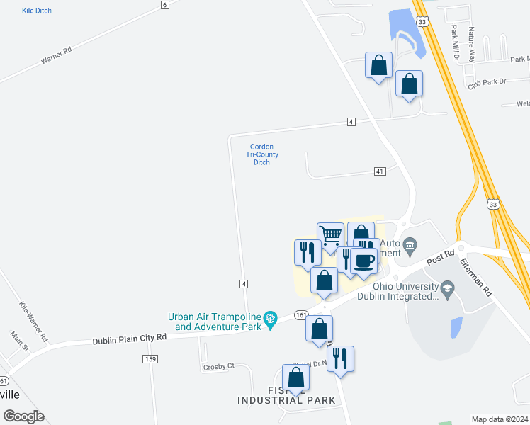 map of restaurants, bars, coffee shops, grocery stores, and more near 6900 Weldon Road in Plain City