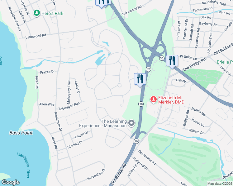 map of restaurants, bars, coffee shops, grocery stores, and more near 2594 Collier Road in Manasquan