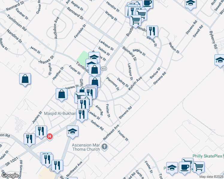 map of restaurants, bars, coffee shops, grocery stores, and more near 813 Tomlinson Road in Philadelphia