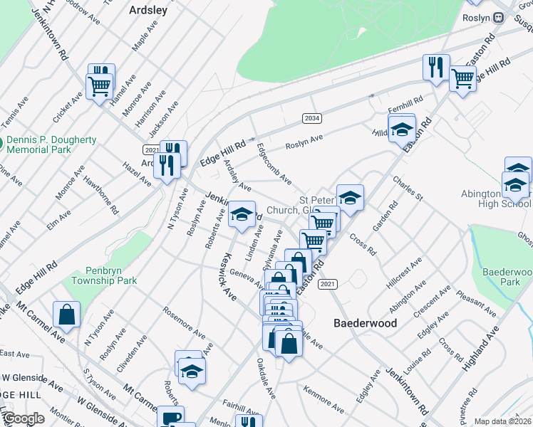 map of restaurants, bars, coffee shops, grocery stores, and more near 470 Linden Avenue in Glenside