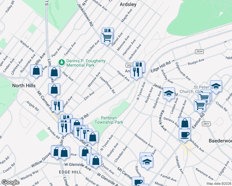 map of restaurants, bars, coffee shops, grocery stores, and more near 334 Edge Hill Road in Glenside