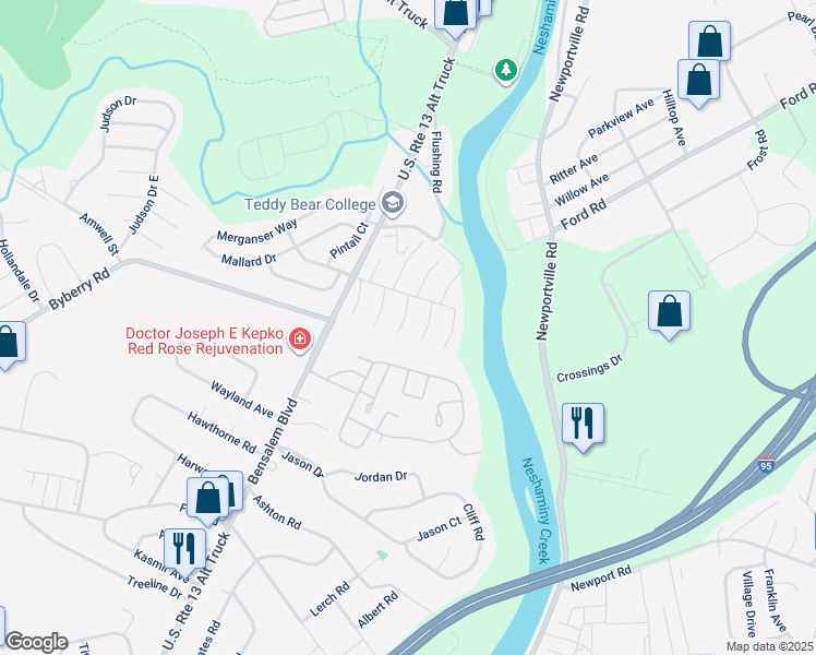 map of restaurants, bars, coffee shops, grocery stores, and more near 5109 Leeward Road in Bensalem