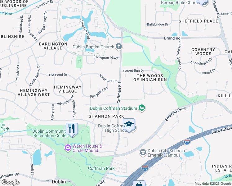 map of restaurants, bars, coffee shops, grocery stores, and more near 5323 Brennan Court in Dublin