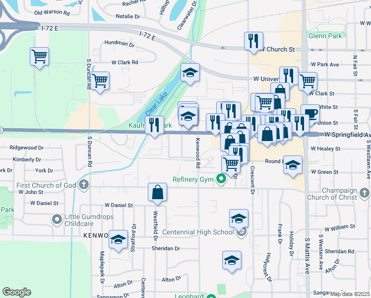 map of restaurants, bars, coffee shops, grocery stores, and more near 2503 West Springfield Avenue in Champaign