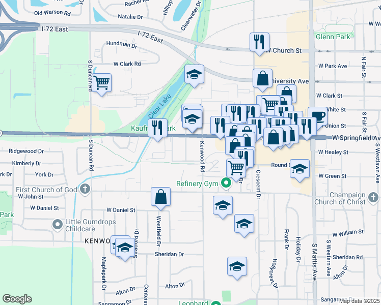 map of restaurants, bars, coffee shops, grocery stores, and more near 2403 West Springfield Avenue in Champaign