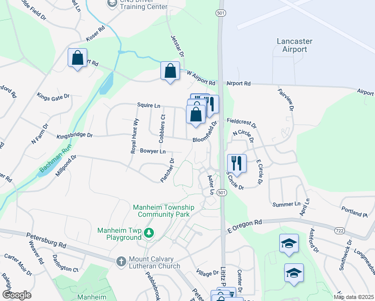 map of restaurants, bars, coffee shops, grocery stores, and more near 287 Bowyer Lane in Lititz