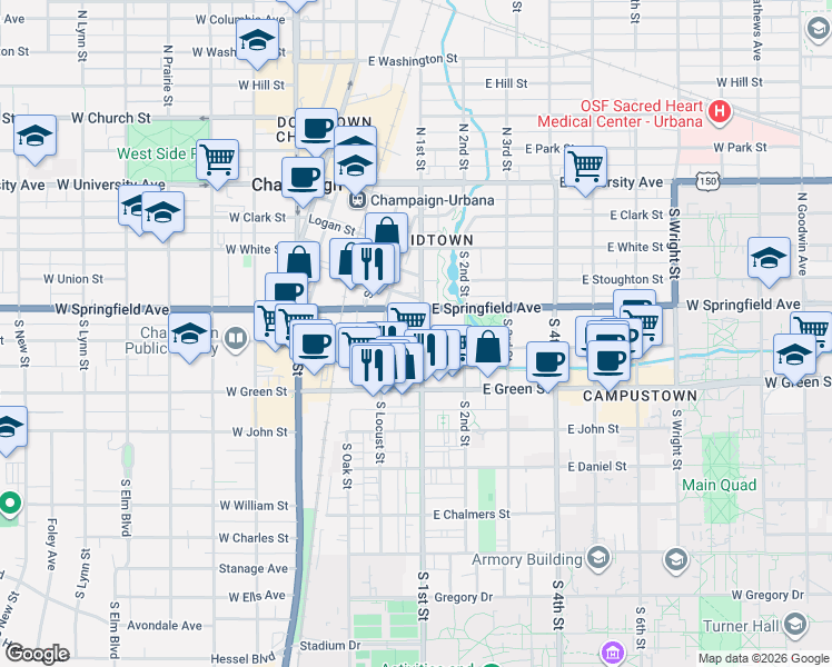 map of restaurants, bars, coffee shops, grocery stores, and more near 505 South 1st Street in Champaign