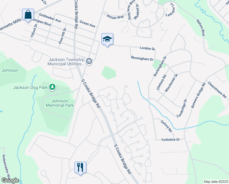 map of restaurants, bars, coffee shops, grocery stores, and more near 41 Dowing Lane in Jackson Township