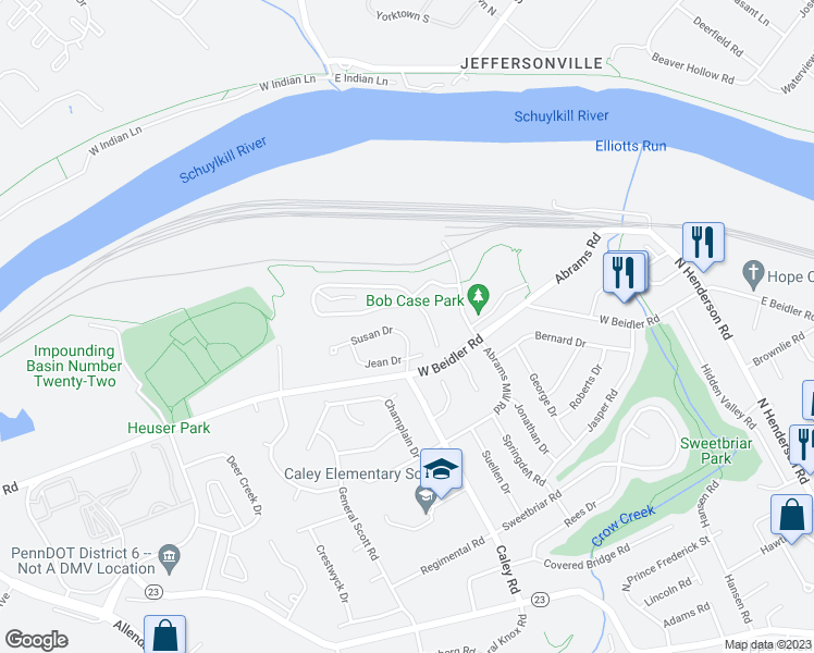map of restaurants, bars, coffee shops, grocery stores, and more near 518 Susan Drive in King of Prussia