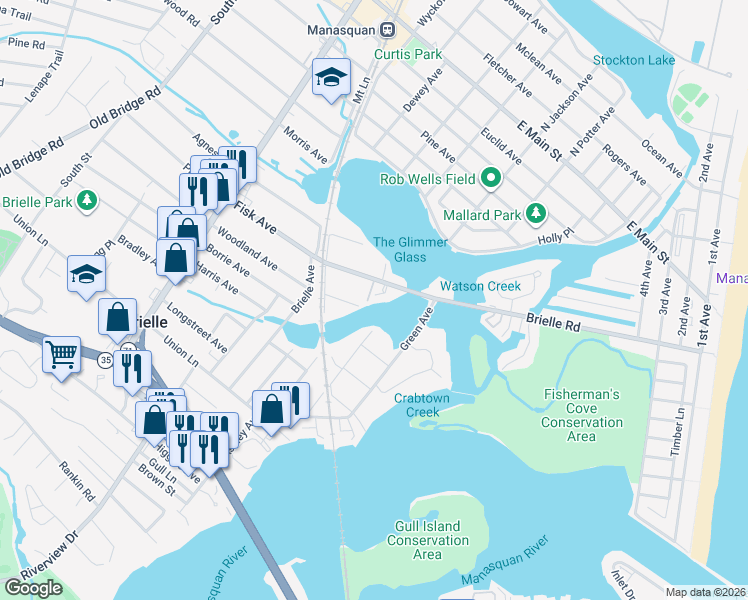 map of restaurants, bars, coffee shops, grocery stores, and more near 314 Woodland Avenue in Brielle