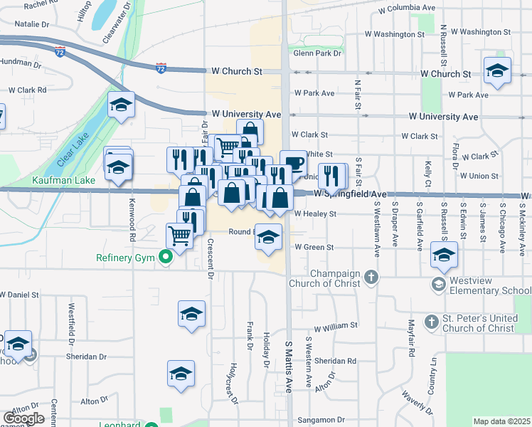 map of restaurants, bars, coffee shops, grocery stores, and more near 1900 Round Barn Road in Champaign