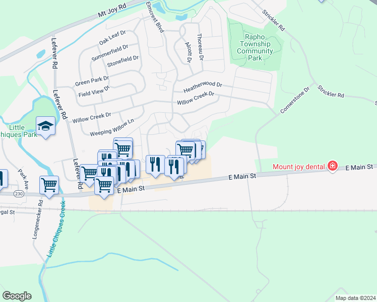 map of restaurants, bars, coffee shops, grocery stores, and more near 65 Lancaster Estates in Mount Joy