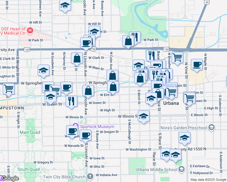 map of restaurants, bars, coffee shops, grocery stores, and more near 1 Buena Vista Court in Urbana