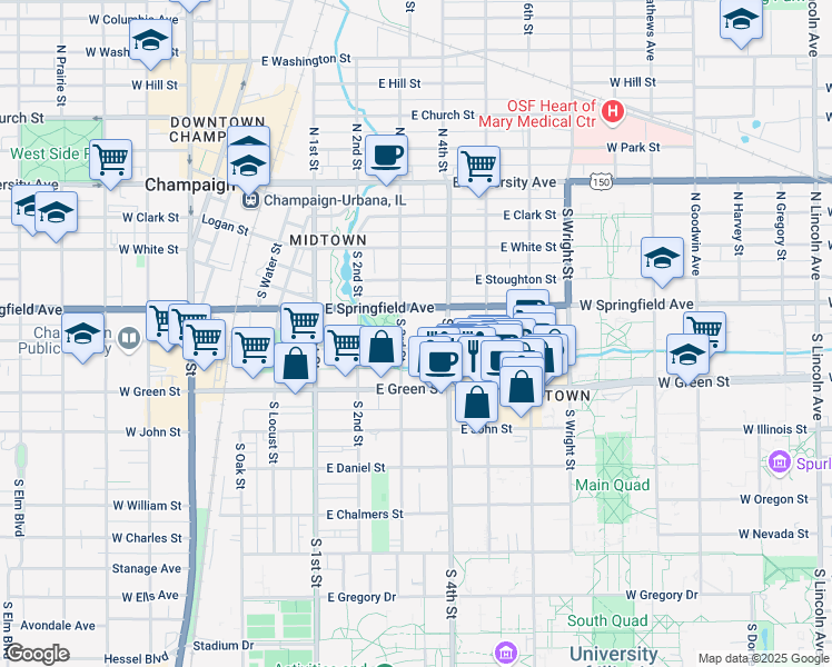 map of restaurants, bars, coffee shops, grocery stores, and more near 308 East Healey Street in Champaign