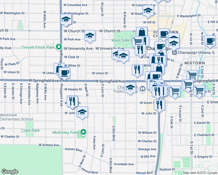 map of restaurants, bars, coffee shops, grocery stores, and more near 509 West Healey Street in Champaign