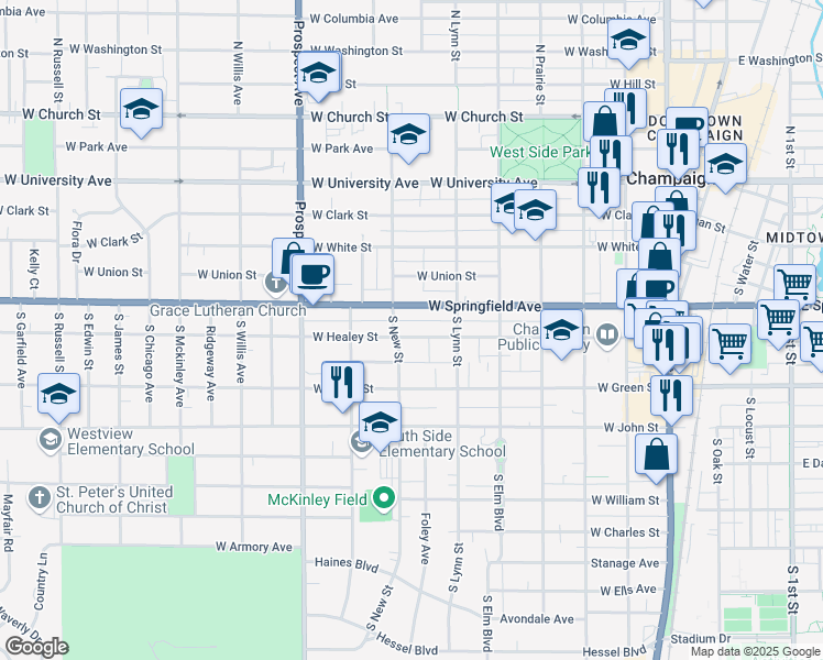 map of restaurants, bars, coffee shops, grocery stores, and more near 617 West Healey Street in Champaign