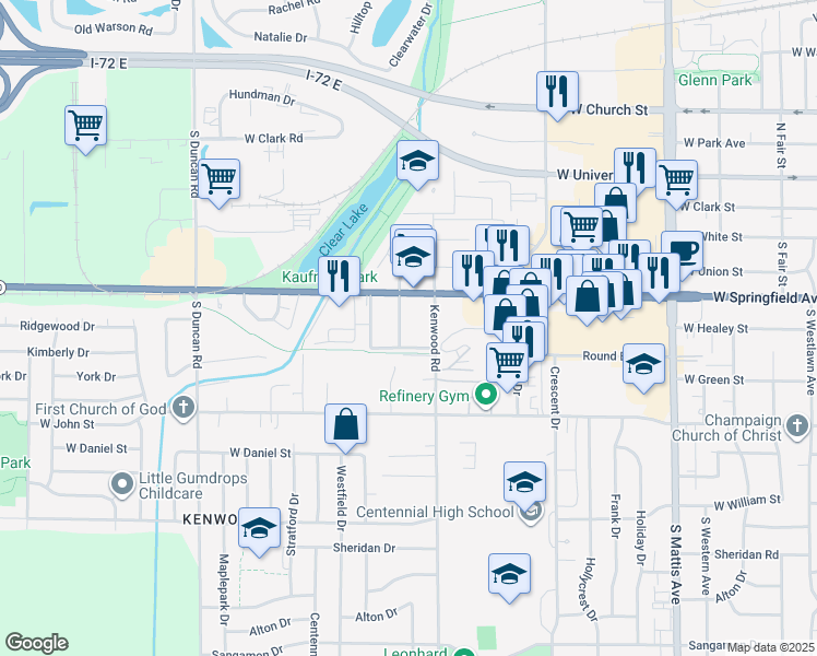 map of restaurants, bars, coffee shops, grocery stores, and more near 2403 West Springfield Avenue in Champaign