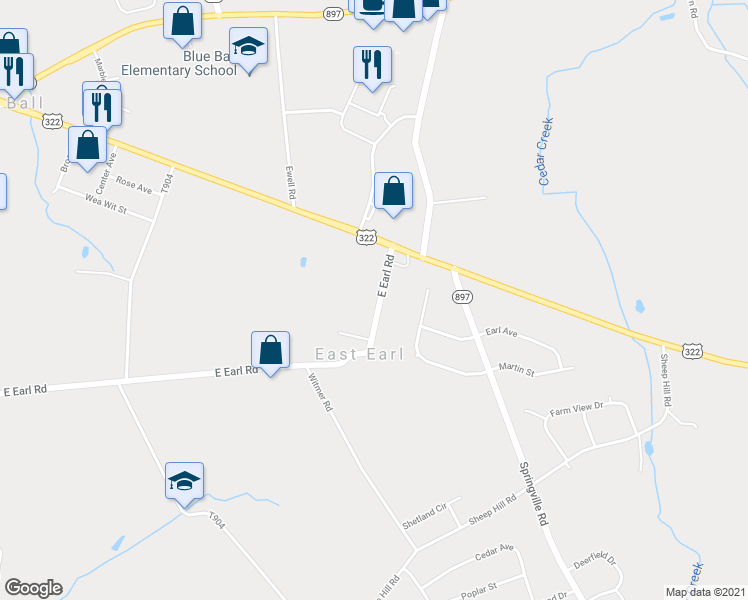 map of restaurants, bars, coffee shops, grocery stores, and more near 1279 East Earl Road in East Earl